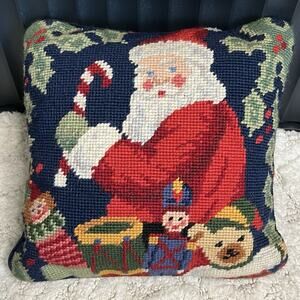 Vintage Wool Needlepoint Christmas Santa Claus Small Pillow Navy Blue 9”